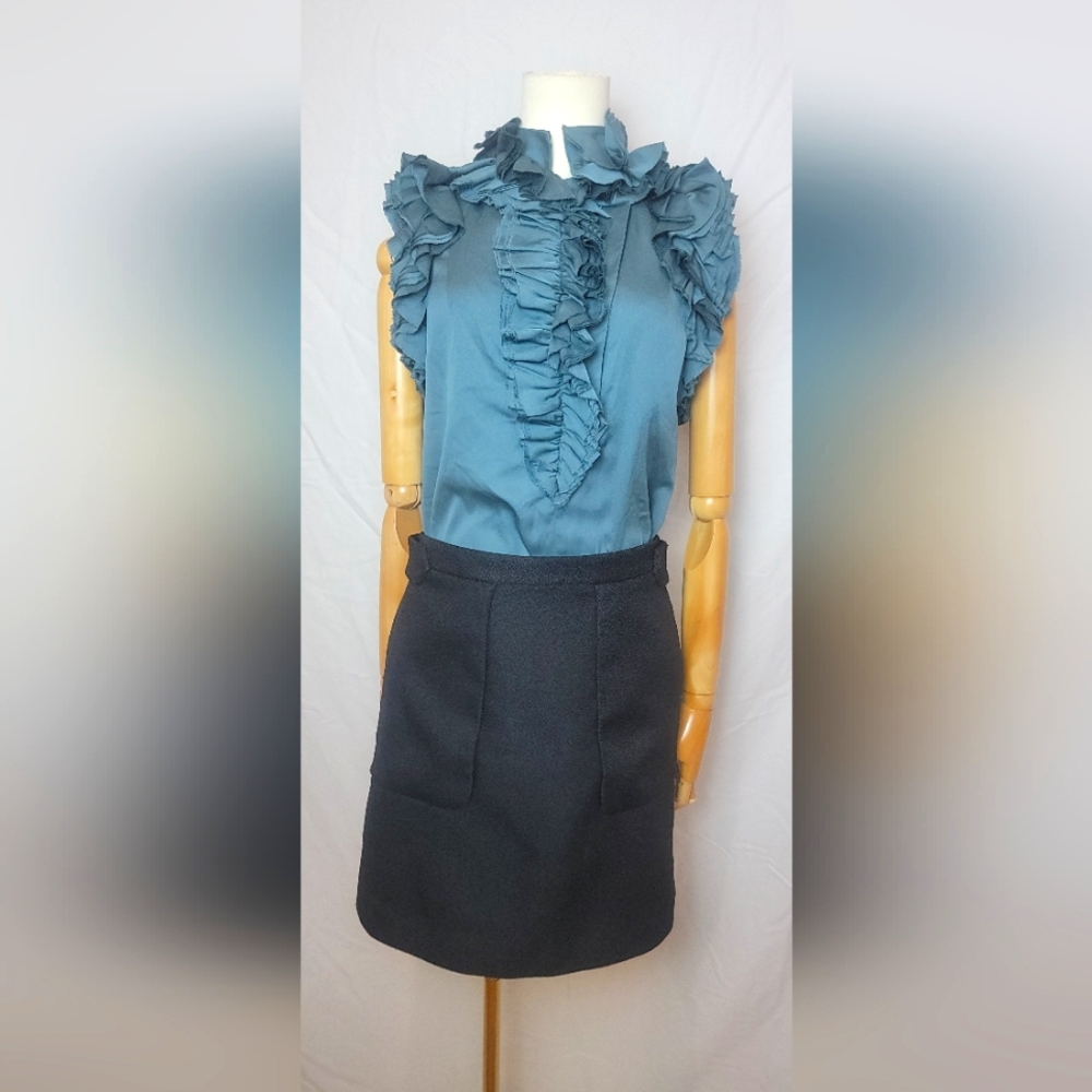 Robert Rodriguez Sleeveless Silk Teal Ruffle Top, Size 8
